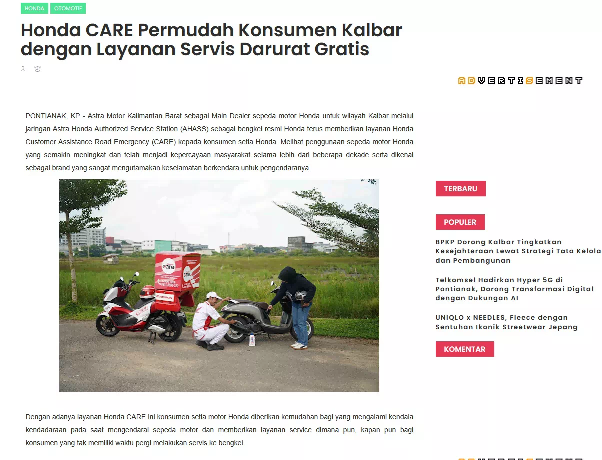 Honda CARE Permudah Konsumen Kalbar dengan Layanan Servis Darurat Gratis