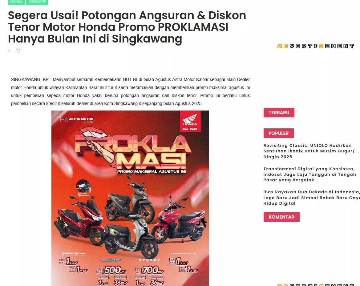 Segera Usai! Potongan Angsuran &amp; Diskon Tenor Motor Honda Promo PROKLAMASI Hanya Bulan Ini di Singkawang