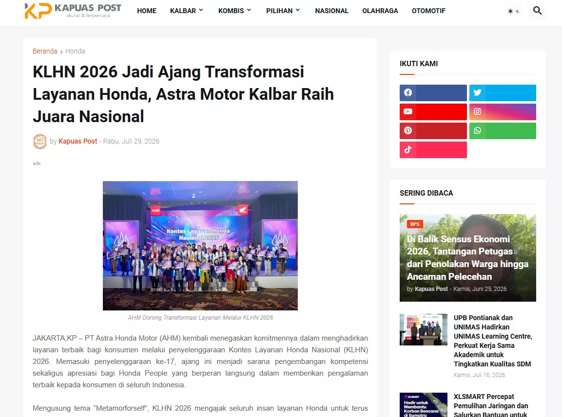 KLHN 2026 Jadi Ajang Transformasi Layanan Honda, Astra Motor Kalbar Raih Juara Nasional