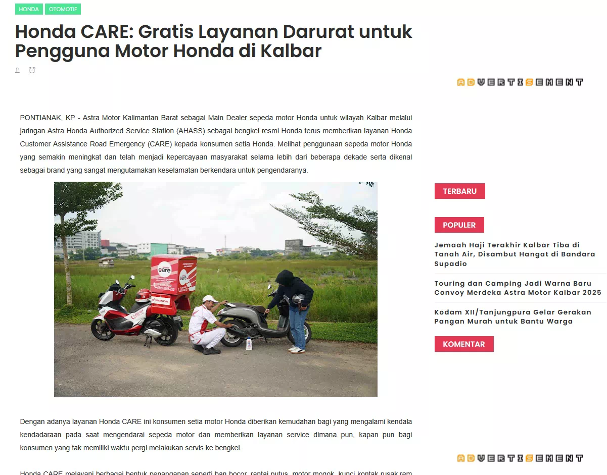 Honda CARE: Gratis Layanan Darurat untuk Pengguna Motor Honda di Kalbar