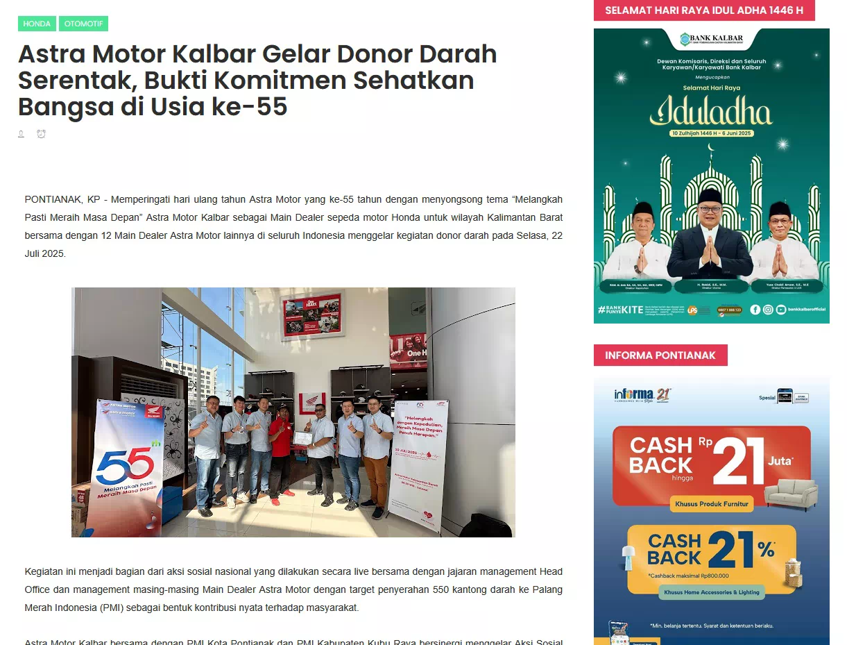 Astra Motor Kalbar Gelar Donor Darah Serentak, Bukti Komitmen Sehatkan Bangsa di Usia ke-55