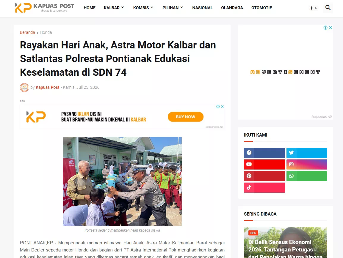 Rayakan Hari Anak, Astra Motor Kalbar dan Satlantas Polresta Pontianak Edukasi Keselamatan di SDN 74