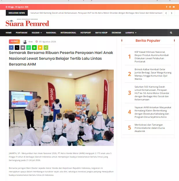 Semarak Bersama Ribuan Peserta Perayaan Hari Anak Nasional Lewat Serunya Belajar Tertib Lalu Lintas Bersama AHM