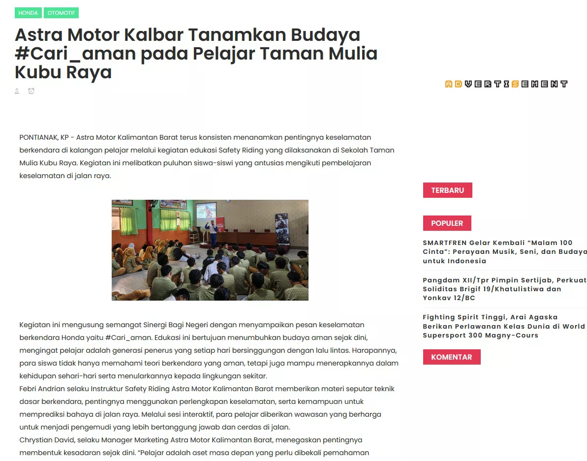 Astra Motor Kalbar Tanamkan Budaya #Cari_aman pada Pelajar Taman Mulia Kubu Raya
