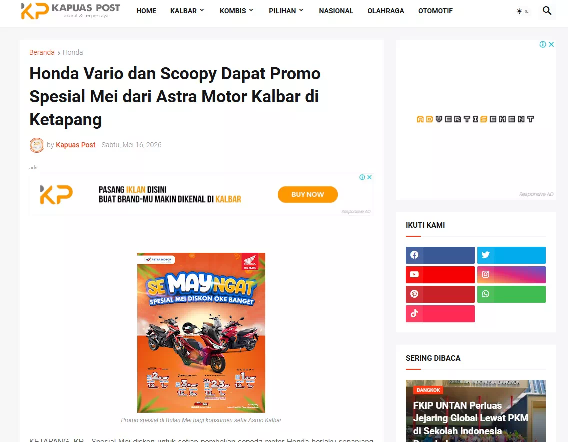 Honda Vario dan Scoopy Dapat Promo Spesial Mei dari Astra Motor Kalbar di Ketapang