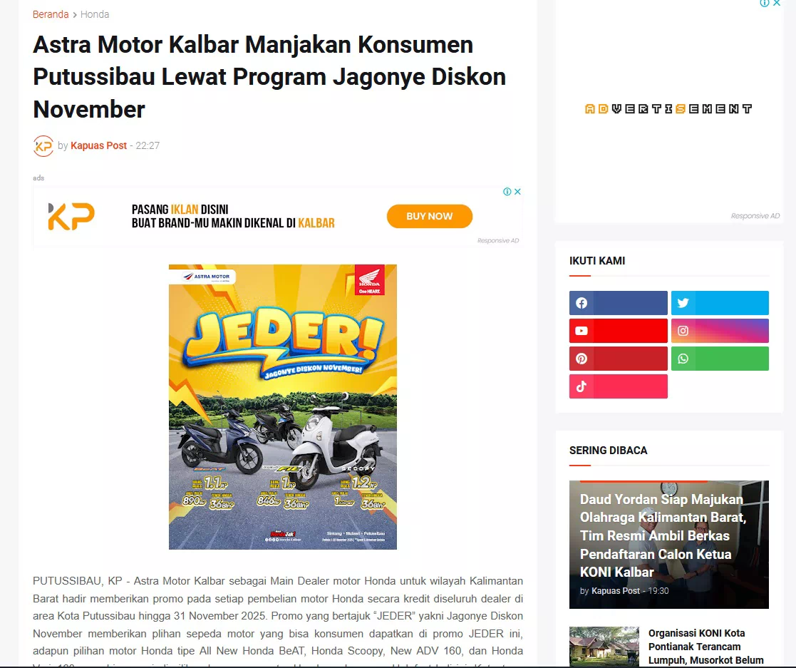 Astra Motor Kalbar Manjakan Konsumen Putussibau Lewat Program Jagonye Diskon November