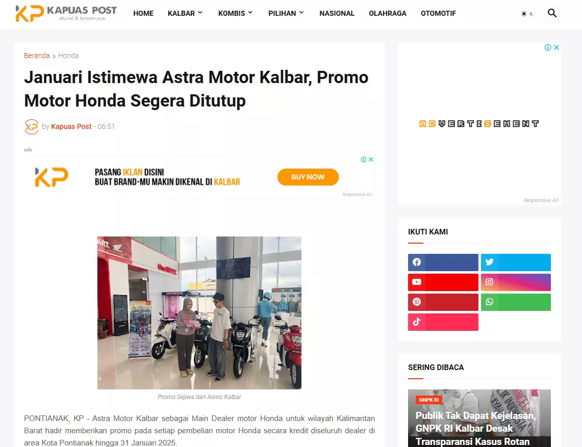 Januari Istimewa Astra Motor Kalbar, Promo Motor Honda Segera Ditutup