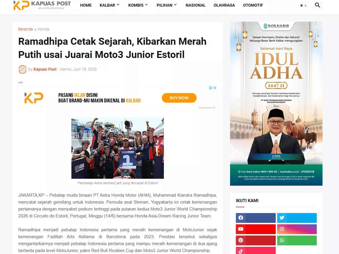 Ramadhipa Cetak Sejarah, Kibarkan Merah Putih usai Juarai Moto3 Junior Estoril