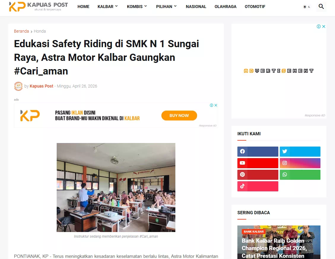 Edukasi Safety Riding di SMK N 1 Sungai Raya, Astra Motor Kalbar Gaungkan #Cari_aman