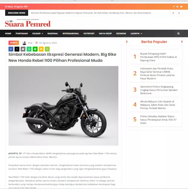 Simbol Kebebasan Ekspresi Generasi Modern, Big Bike New Honda Rebel 1100 Pilihan Profesional Muda
