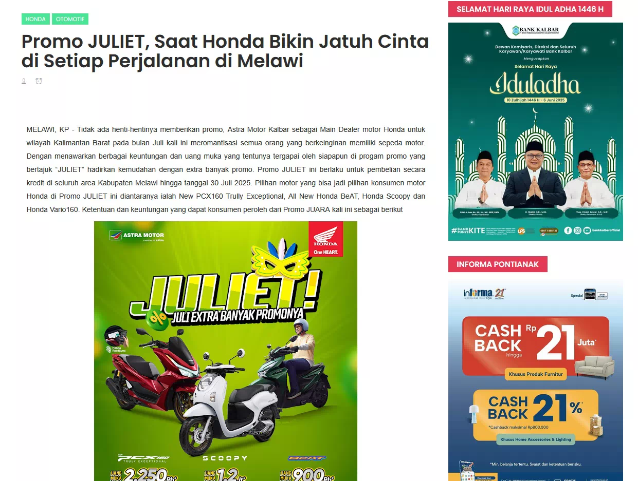 Promo JULIET, Saat Honda Bikin Jatuh Cinta di Setiap Perjalanan di Melawi