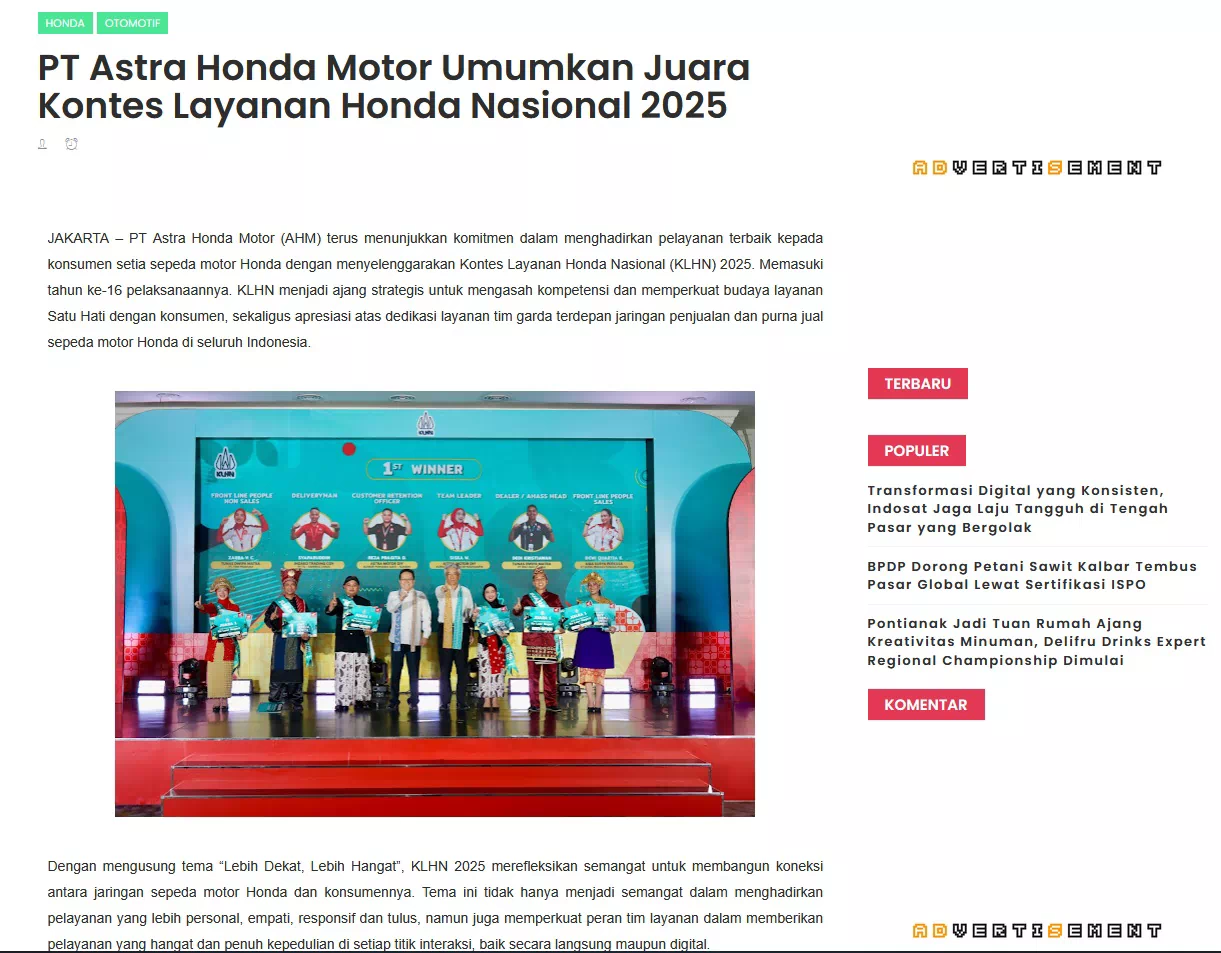 PT Astra Honda Motor Umumkan Juara Kontes Layanan Honda Nasional 2025