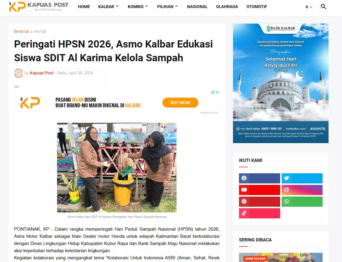 Peringati HPSN 2026, Asmo Kalbar Edukasi Siswa SDIT Al Karima Kelola Sampah