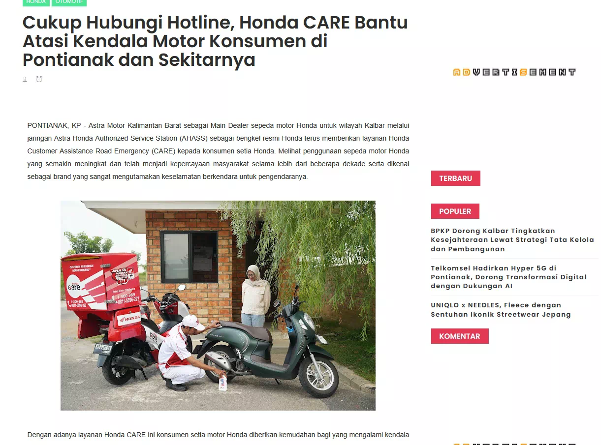 Cukup Hubungi Hotline, Honda CARE Bantu Atasi Kendala Motor Konsumen di Pontianak dan Sekitarnya