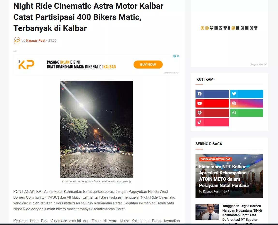Night Ride Cinematic Astra Motor Kalbar Catat Partisipasi 400 Bikers Matic, Terbanyak di Kalbar