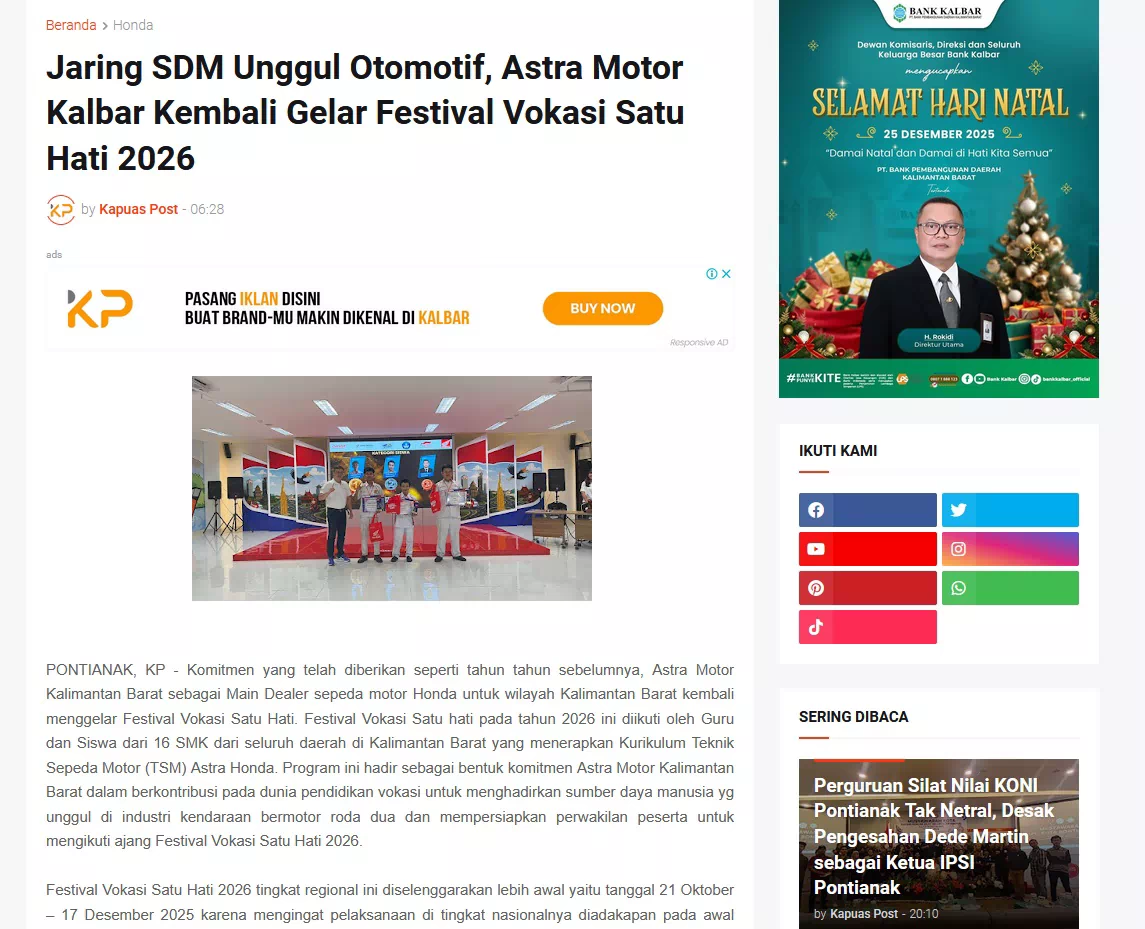 Jaring SDM Unggul Otomotif, Astra Motor Kalbar Kembali Gelar Festival Vokasi Satu Hati 2026