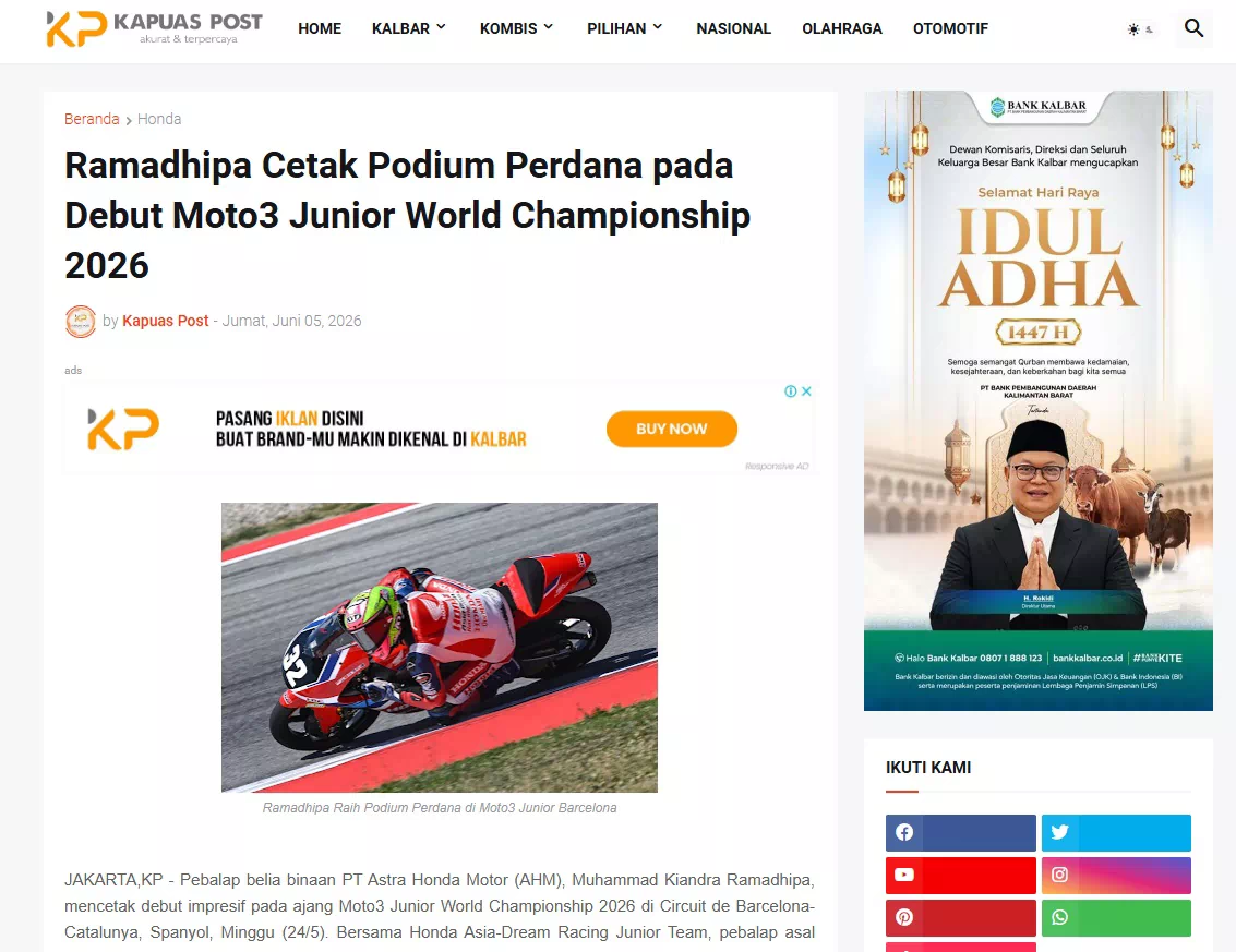Ramadhipa Cetak Podium Perdana pada Debut Moto3 Junior World Championship 2026