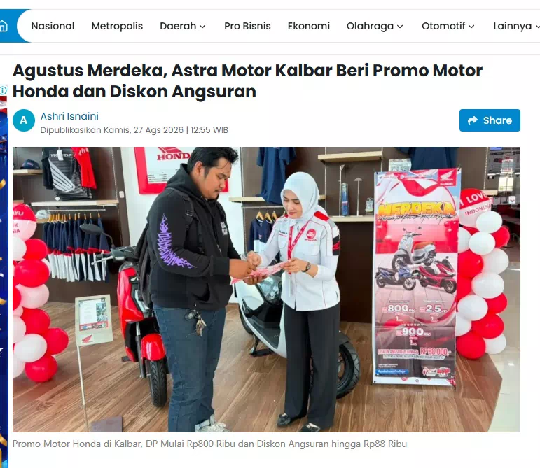 Agustus Merdeka, Astra Motor Kalbar Beri Promo Motor Honda dan Diskon Angsuran