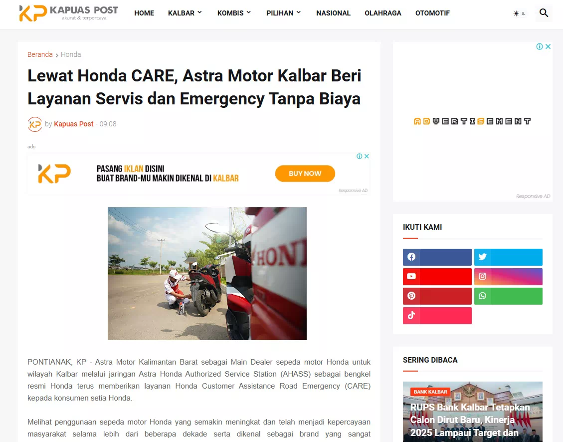 Lewat Honda CARE, Astra Motor Kalbar Beri Layanan Servis dan Emergency Tanpa Biaya