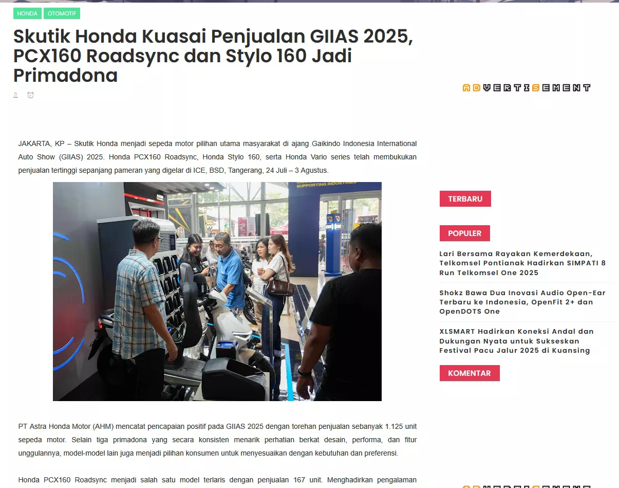 Skutik Honda Kuasai Penjualan GIIAS 2025, PCX160 Roadsync dan Stylo 160 Jadi Primadona