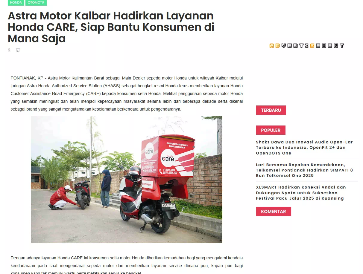 Astra Motor Kalbar Hadirkan Layanan Honda CARE, Siap Bantu Konsumen di Mana Saja