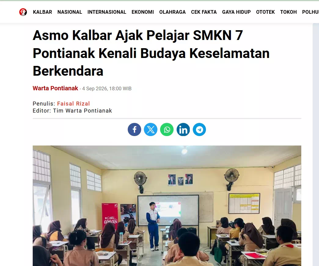 Asmo Kalbar Ajak Pelajar SMKN 7 Pontianak Kenali Budaya Keselamatan Berkendara