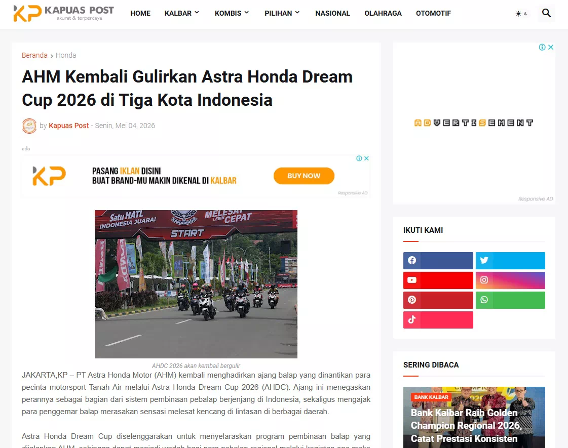 AHM Kembali Gulirkan Astra Honda Dream Cup 2026 di Tiga Kota Indonesia
