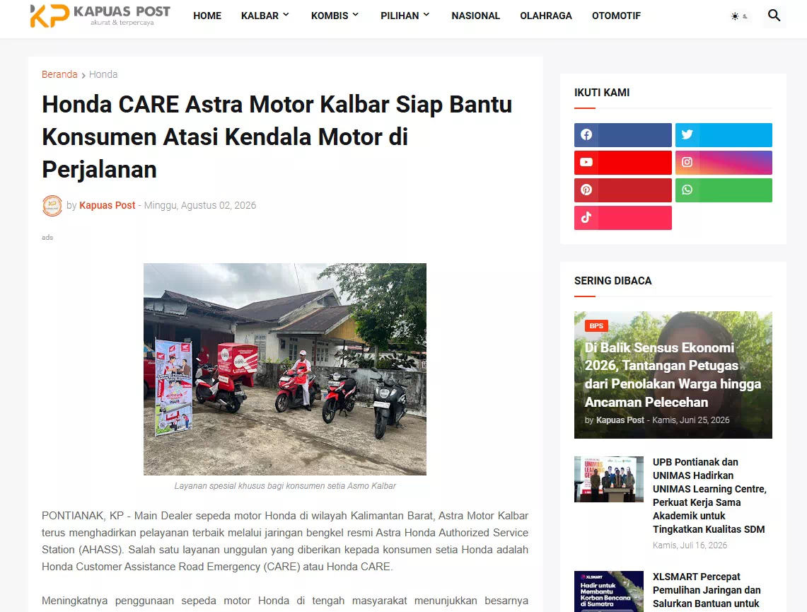 Honda CARE Astra Motor Kalbar Siap Bantu Konsumen Atasi Kendala Motor di Perjalanan
