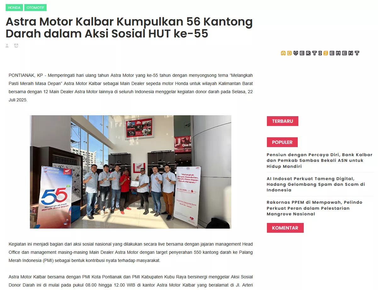 Astra Motor Kalbar Kumpulkan 56 Kantong Darah dalam Aksi Sosial HUT ke-55