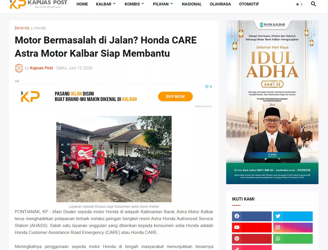 Motor Bermasalah di Jalan? Honda CARE Astra Motor Kalbar Siap Membantu