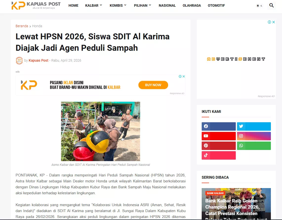 Lewat HPSN 2026, Siswa SDIT Al Karima Diajak Jadi Agen Peduli Sampah