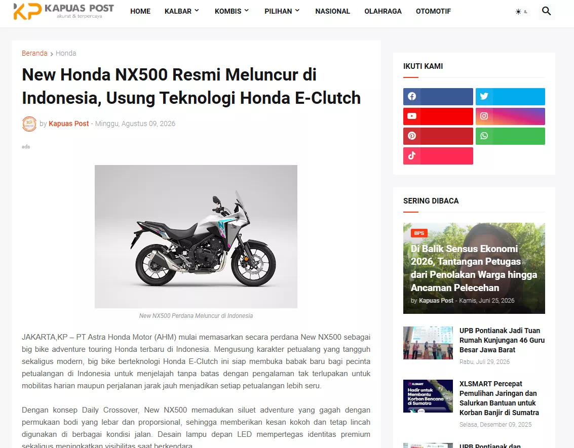 New Honda NX500 Resmi Meluncur di Indonesia, Usung Teknologi Honda E-Clutch