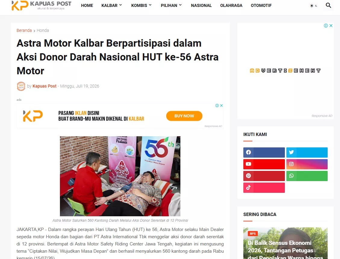 Astra Motor Kalbar Berpartisipasi dalam Aksi Donor Darah Nasional HUT ke-56 Astra Motor