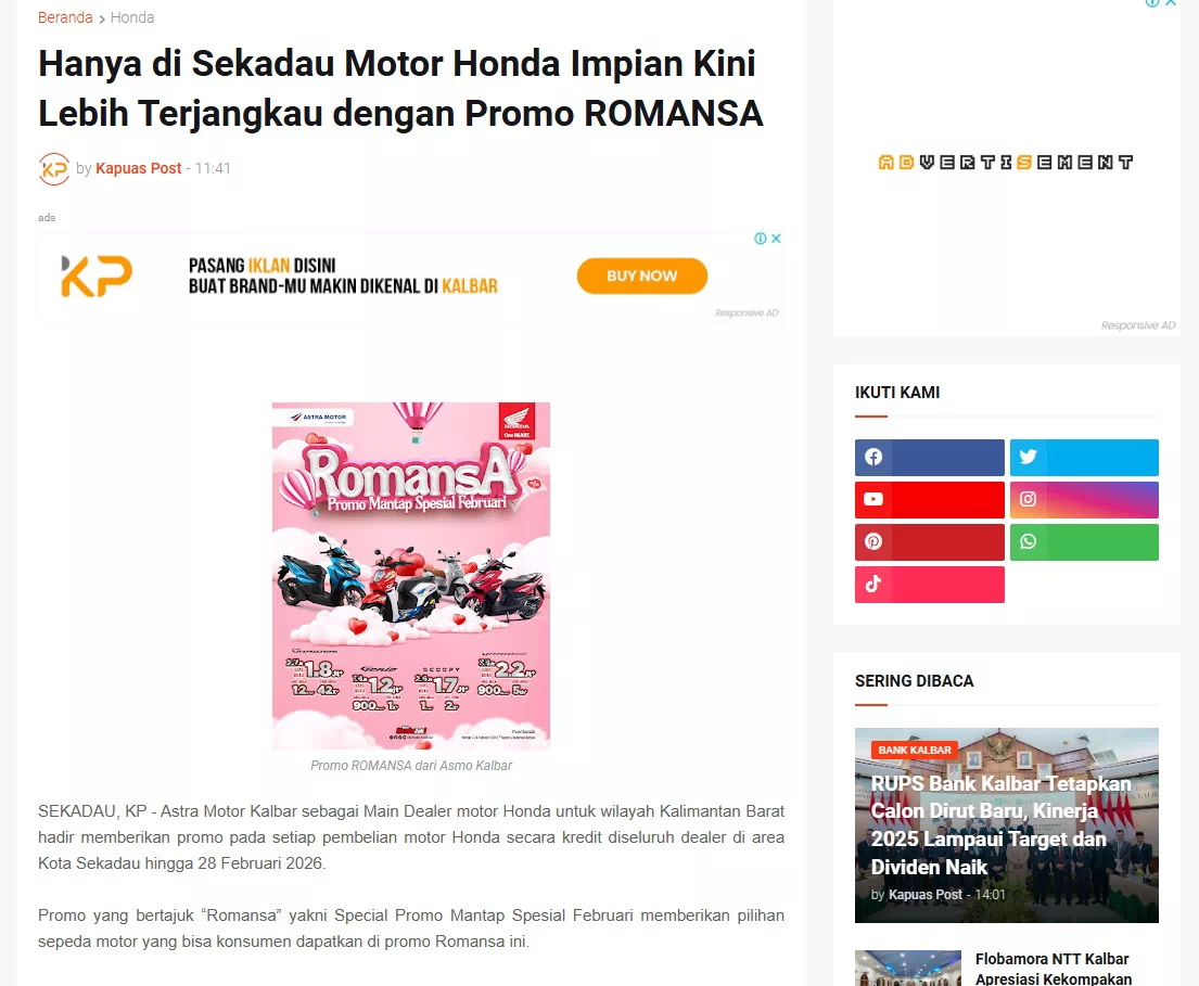 Hanya di Sekadau Motor Honda Impian Kini Lebih Terjangkau dengan Promo ROMANSA
