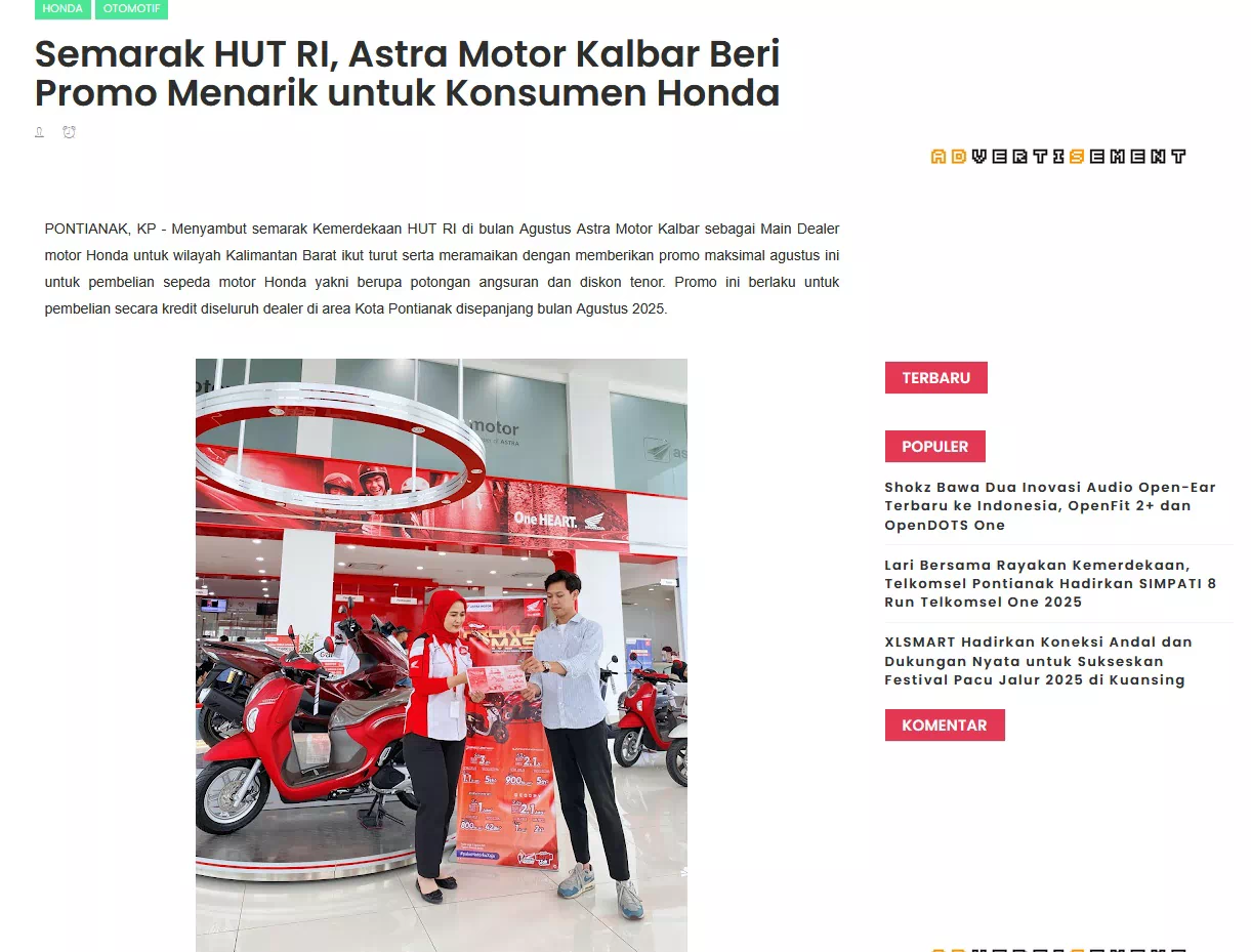 Semarak HUT RI, Astra Motor Kalbar Beri Promo Menarik untuk Konsumen Honda