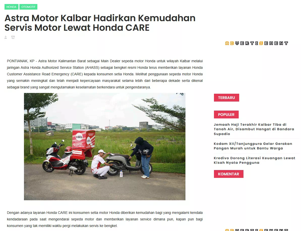 Astra Motor Kalbar Hadirkan Kemudahan Servis Motor Lewat Honda CARE