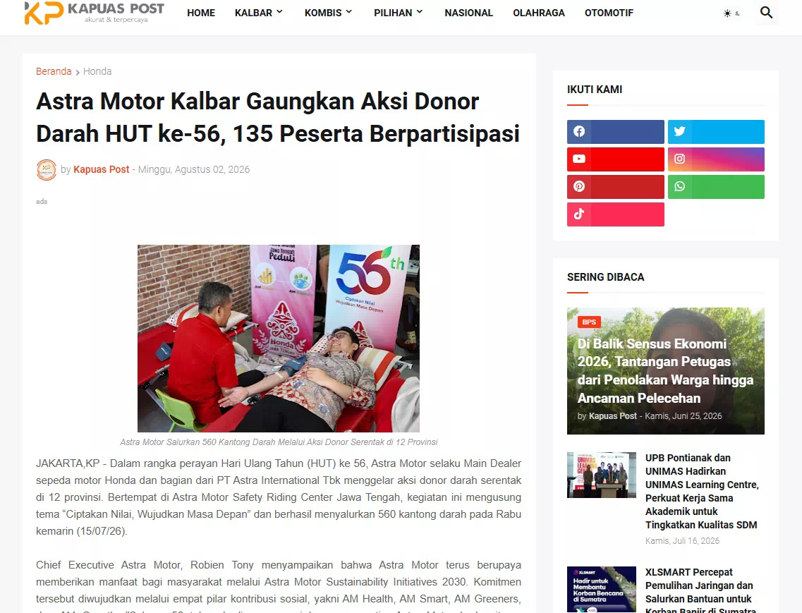 Astra Motor Kalbar Gaungkan Aksi Donor Darah HUT ke-56, 135 Peserta Berpartisipasi