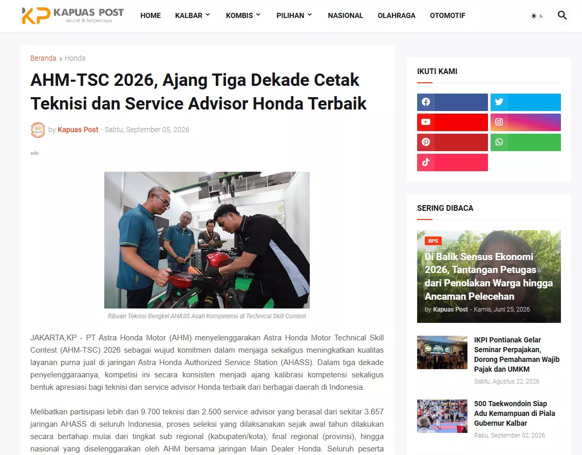 AHM-TSC 2026, Ajang Tiga Dekade Cetak Teknisi dan Service Advisor Honda Terbaik