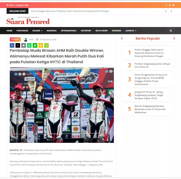 Pembalap Muda Binaan AHM Raih Double Winner, Abimanyu Melesat Kibarkan Merah Putih Dua Kali pada Putatan Ketiga IHTTC di Thailand