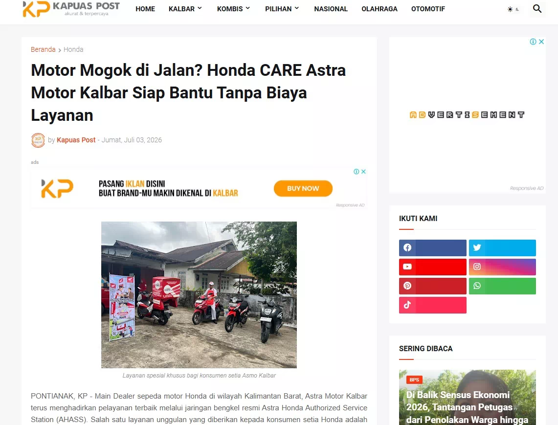 Motor Mogok di Jalan? Honda CARE Astra Motor Kalbar Siap Bantu Tanpa Biaya Layanan