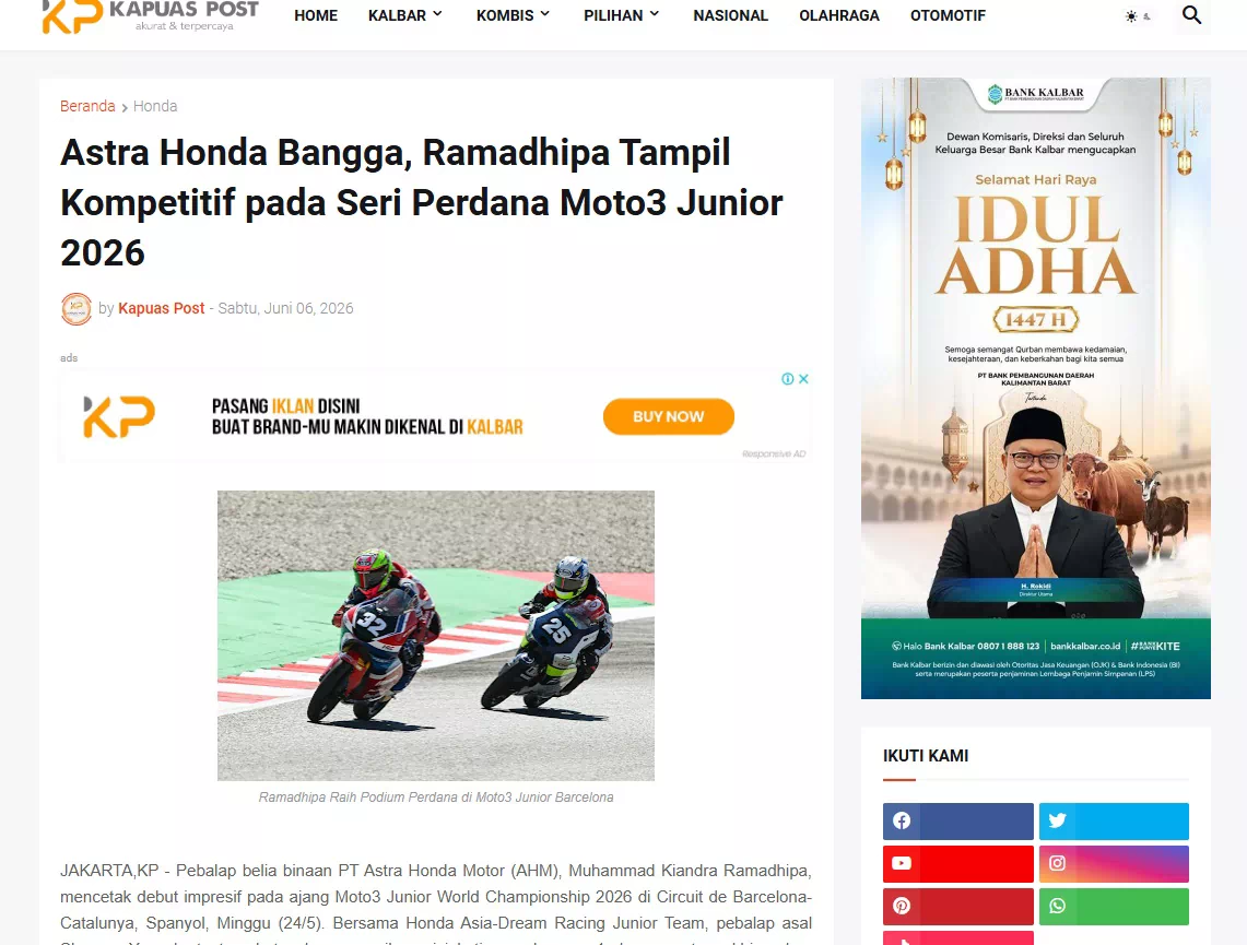 Astra Honda Bangga, Ramadhipa Tampil Kompetitif pada Seri Perdana Moto3 Junior 2026