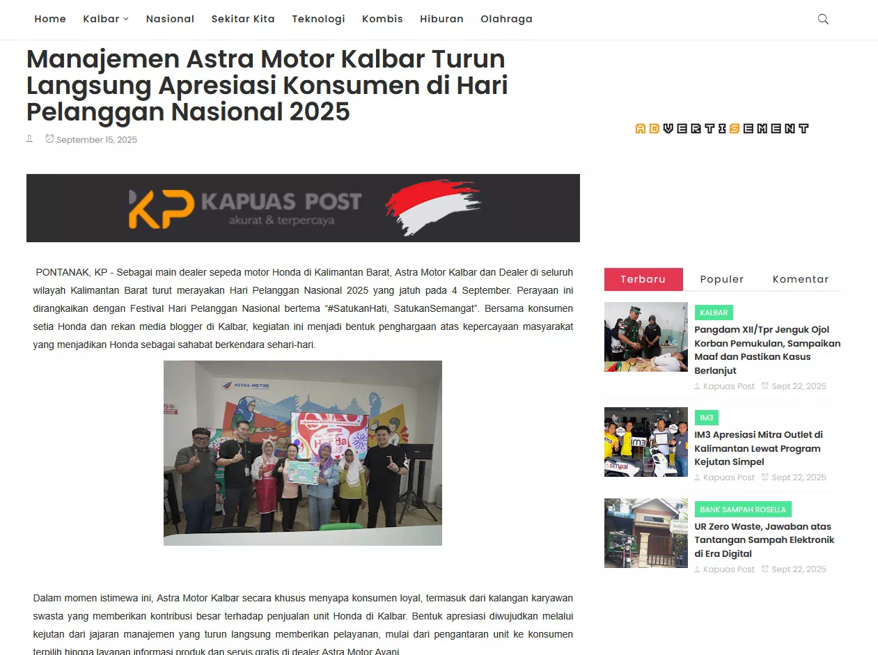 Manajemen Astra Motor Kalbar Turun Langsung Apresiasi Konsumen di Hari Pelanggan Nasional 2025