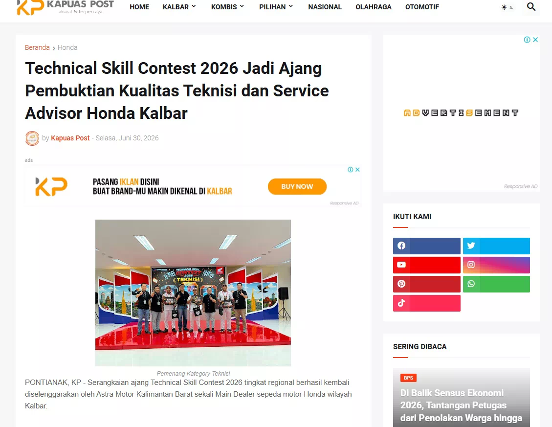 Technical Skill Contest 2026 Jadi Ajang Pembuktian Kualitas Teknisi dan Service Advisor Honda Kalbar