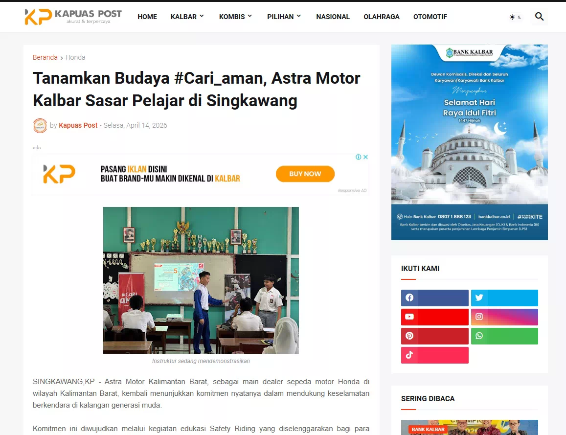 Tanamkan Budaya #Cari_aman, Astra Motor Kalbar Sasar Pelajar di Singkawang