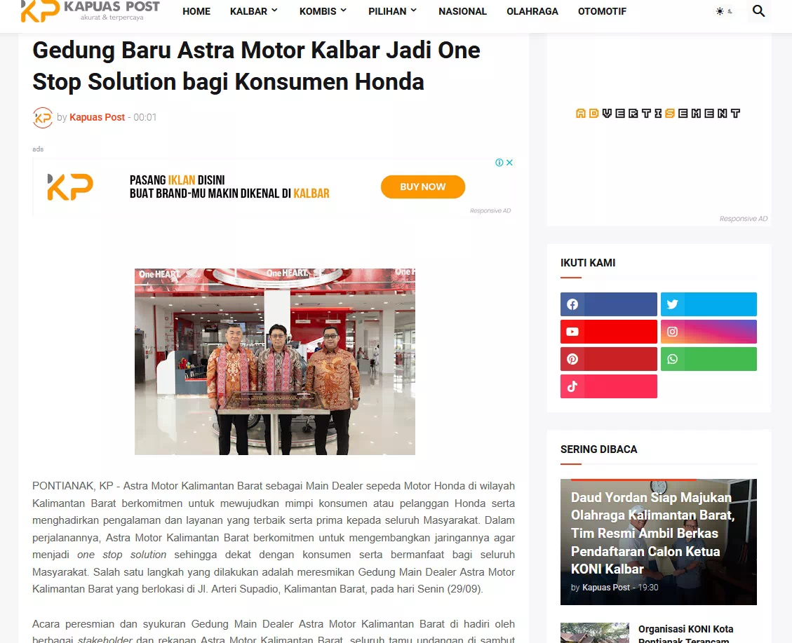 Gedung Baru Astra Motor Kalbar Jadi One Stop Solution bagi Konsumen Honda
