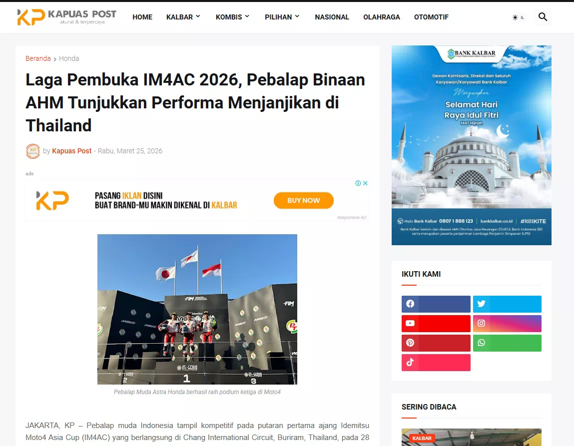 Laga Pembuka IM4AC 2026, Pebalap Binaan AHM Tunjukkan Performa Menjanjikan di Thailand