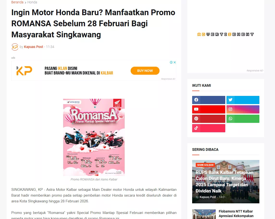 Ingin Motor Honda Baru? Manfaatkan Promo ROMANSA Sebelum 28 Februari Bagi Masyarakat Singkawang