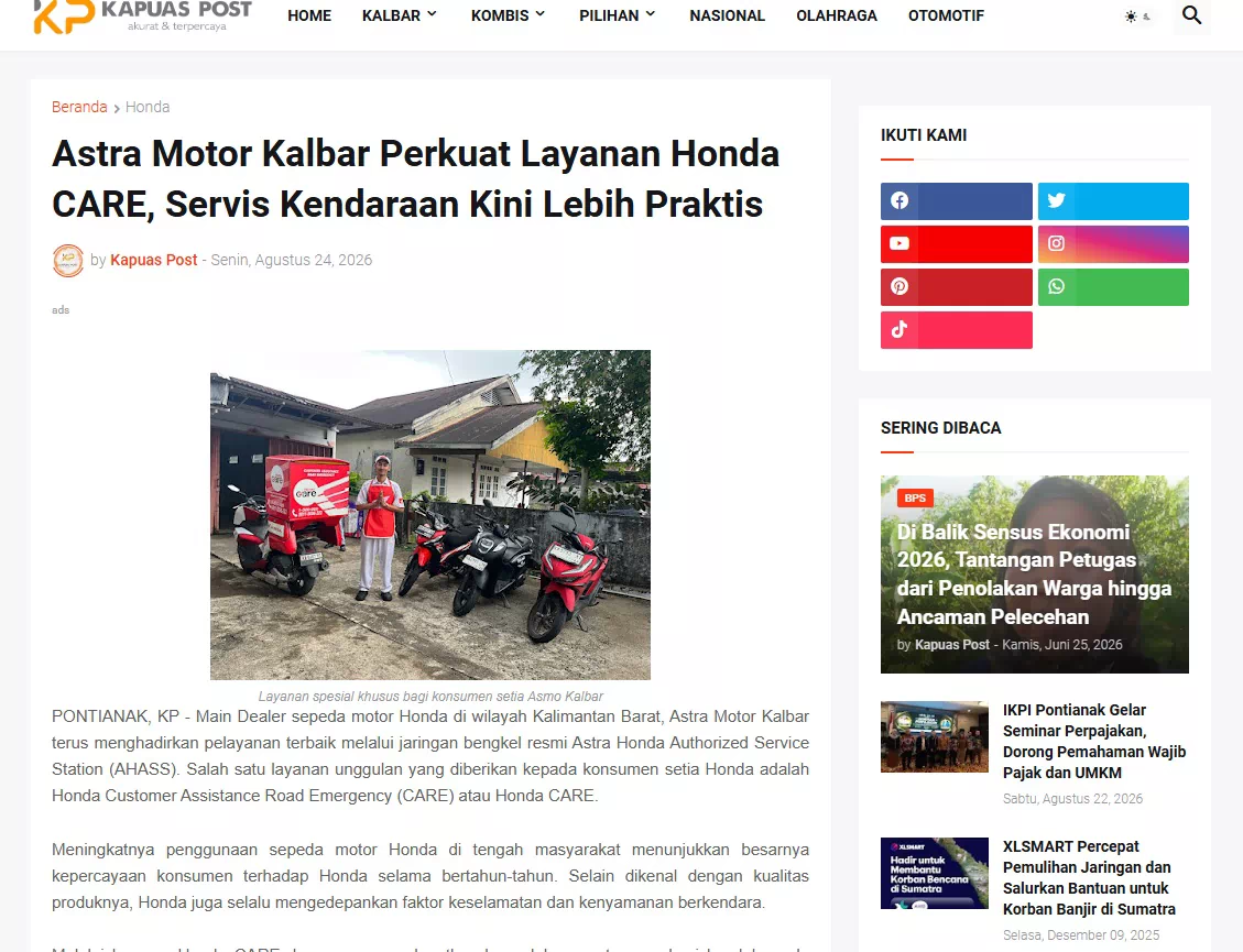 Astra Motor Kalbar Perkuat Layanan Honda CARE, Servis Kendaraan Kini Lebih Praktis