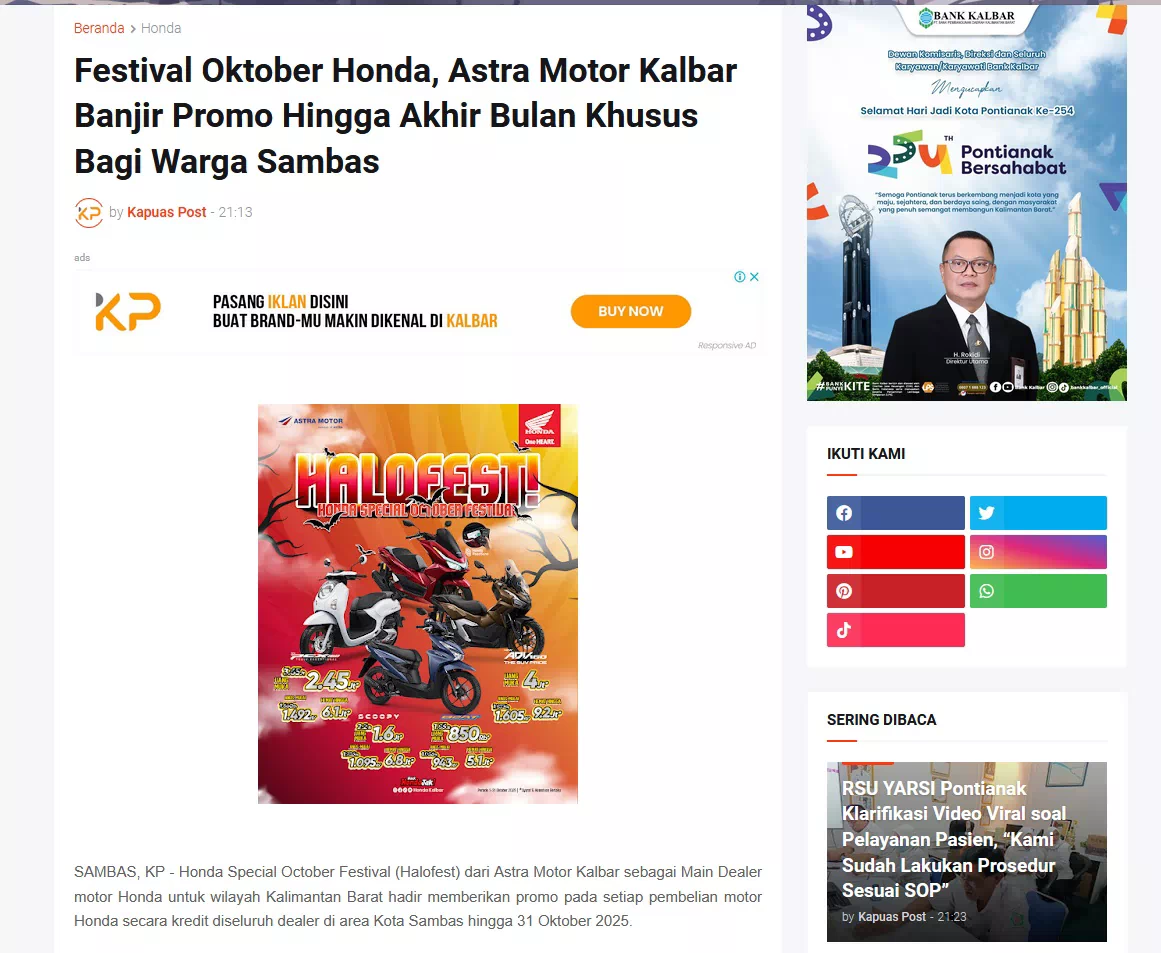 Festival Oktober Honda, Astra Motor Kalbar Banjir Promo Hingga Akhir Bulan Khusus Bagi Warga Sambas