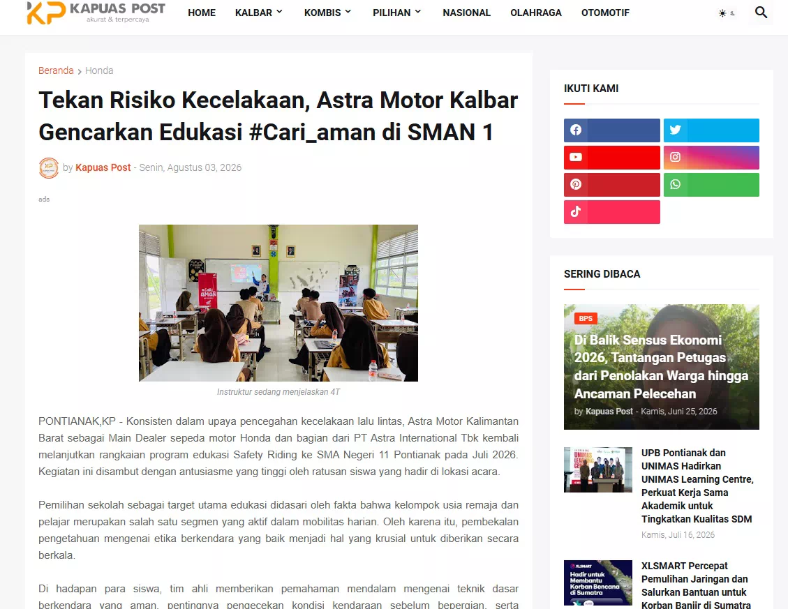 Tekan Risiko Kecelakaan, Astra Motor Kalbar Gencarkan Edukasi #Cari_aman di SMAN 1